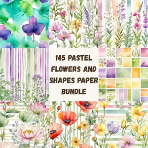 145 Pastell Blumen Digitales Papier Set - Aquarell Blumen und Streifen für Journaling, Scrapbooking, Kunsthandwerk, Druckbare und Karten