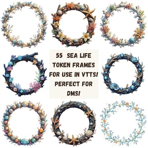 Peut inclure: Neuf cadres circulaires décorés de coquillages, d'étoiles de mer et de coraux. Les cadres sont de différentes couleurs, notamment le bleu, le marron et l'orange. Le texte central indique "55 SEA LIFE TOKEN FRAMES FOR USE IN VTTSI PERFECT FOR DMSI."