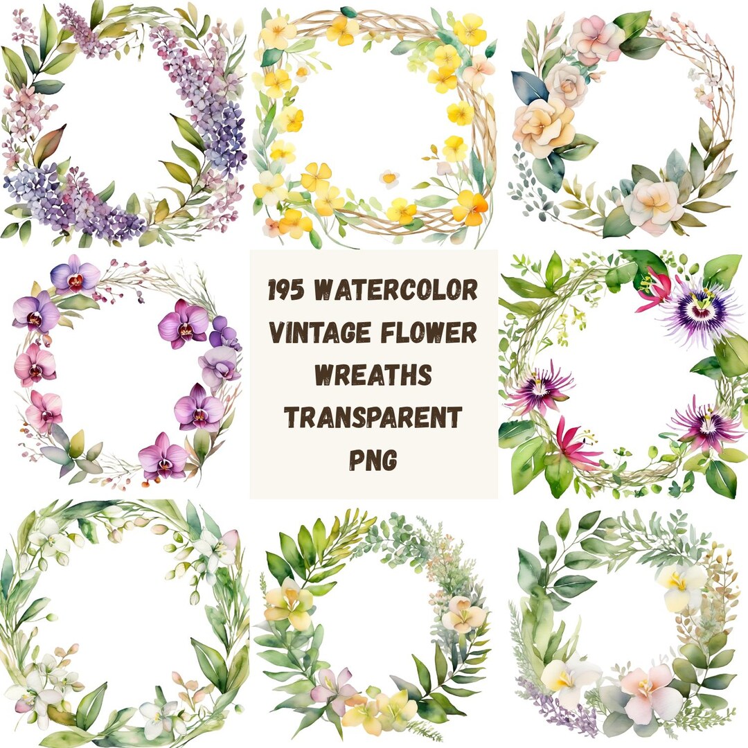 Watercolor Flower Wreaths Clipart Bundle: Pastel Scrapbooking PNG ...