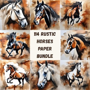 Rustic Horse Digital Paper Bundle, Watercolor Equine Backgrounds, Western Horse Clipart Pack, Farmhouse Animal Art Prints JPG