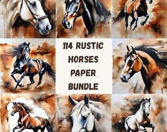 Rustic Watercolor Horse Digital Paper Bundle: Western Clipart, Farmhouse Art (JPG Download)