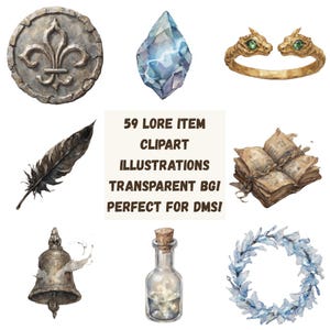 Op de afbeelding: Waterverf clipart illustraties met verschillende fantasy items. Inclusief een fleur-de-lis embleem, een blauw kristal, een gouden drakenring, een veer, een open boek, een bel, een drankfles en een blauwe krans. Tekst luidt: "59 LORE ITEM CLIPART ILLUSTRATIONS TRANSPARENT BGI PERFECT FOR DMS!"