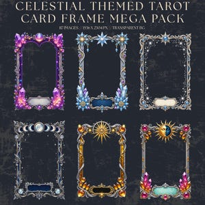 Könnte beinhalten: Eine digitale Sammlung mit dem Titel CELESTIAL THEMED TAROT CARD FRAME MEGA PACK, bestehend aus 117 Bildern in 1536 x 2304 px mit transparentem Hintergrund. Sechs rechteckige Rahmen sind abgebildet, verziert mit Kristallen, Sternen, Monden und Sonnen.