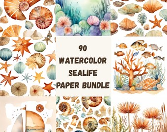 Watercolor Sea Life Digital Paper Bundle: Nautical Scrapbook Backgrounds (Digital Download