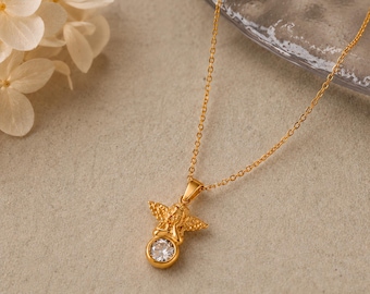 Tiny Gold Angel Necklace, Gold Plated Angel Pendant, Meaningful Gift for Her, Dainty Charm Jewelry
