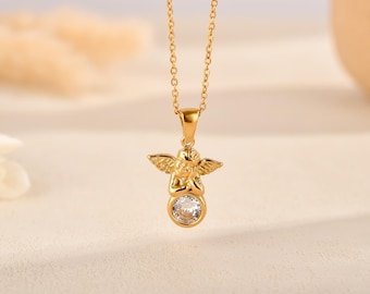 Gold Plated Tiny Baby Angel Diamond Necklace, Dainty Gold Baby Angel Necklace, Pregnancy Gift, Gifts for new mothers, Guardian Gift for Her