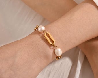 Armband met echte parelkralen, 18K vergulde minimalistische parelarmband, parelsieraden, geschenken bruiloft bruidsmeisjes, bruidsmeisje cadeau