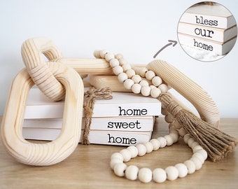 Boho Decor Set, Wood Bead Garland 58inch, 5 Link Wood Chain, White Rustic Wood Stack of 3 Faux Books with Home Sweet Home, Bless Our Home