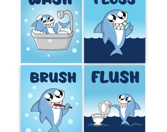 Kids Bathroom Signs Cute Shark Prints (Set of 4 Unframed - 8 X 10 Inches), Wall Art Decor Prints, Colorful Art Poster, Unframed