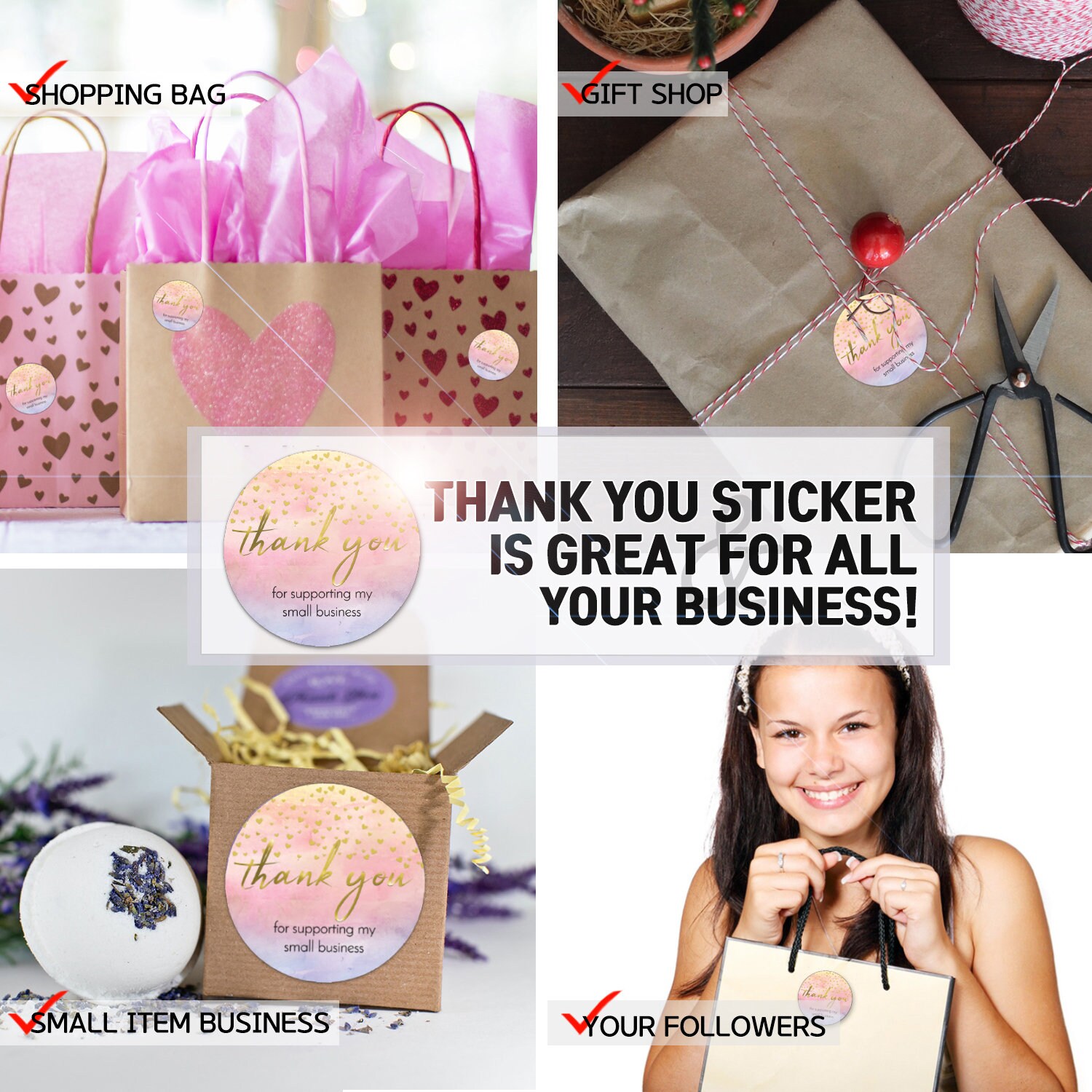1000Pcs Thank You Stickers For Small Business - 500 Of 1.5" & 500 Of 1", Waterproof Self-Adhesive, Pink Design 7 thumbnail image