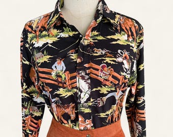 Vintage Nick & Nora Cowboy Shirt: Novelty Print Western Button Down, Made in USA