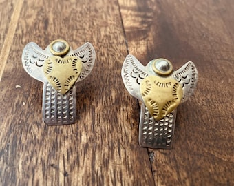 Vintage Mexican Sterling & Brass Angel Earrings | Hand Stamped 925 Silver | Mixed Metal Folk Art Jewelry | Guardian Angel Post Earrings