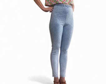Vintage Acid Wash Stretch Jeans | 80er Jahre High Waist Jeggings | Helle Wasch-Pull-On-Denim-Leggings | Retro Skinny Fit Hose
