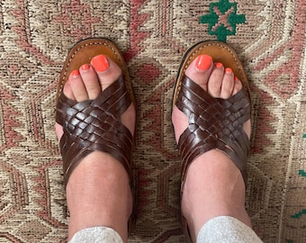 Vintage Mexican Leather Huaraches | Handmade Woven Sandals | Boho Artisan Slip-On Shoes