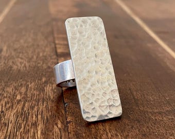Sterling Silver Statement Ring | Hammered Rectangle Ring by D. Maree | Bold Modernist Silver Jewelry | Artisan Handmade 925 Ring | Wide Band