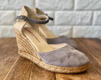 Gaimo Espadrille Wedges | Spanish Suede Ankle Strap Heels | Taupe Platform Espadrilles Size 6