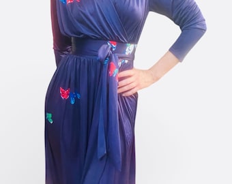 Vintage 70s Butterfly Maxi Dress | Deep Purple Surplice Gown | Boho Long Sleeve Belted Dress | Psychedelic Print Jersey Dress
