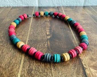 Vintage 80s Wood Bead Necklace | Bold Multicolor Chunky Tribal Style | Boho Retro Rainbow Jewelry | Painted Wood Statement Beads 24”