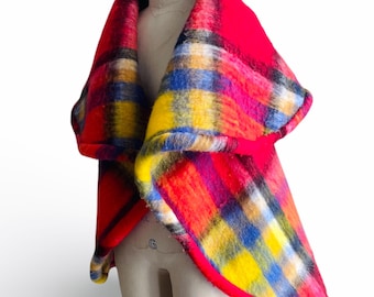 Vintage Red Yellow Blue Plaid Cape Wrap | Sculptural Tartan Shawl | Wool Blend Statement Outerwear