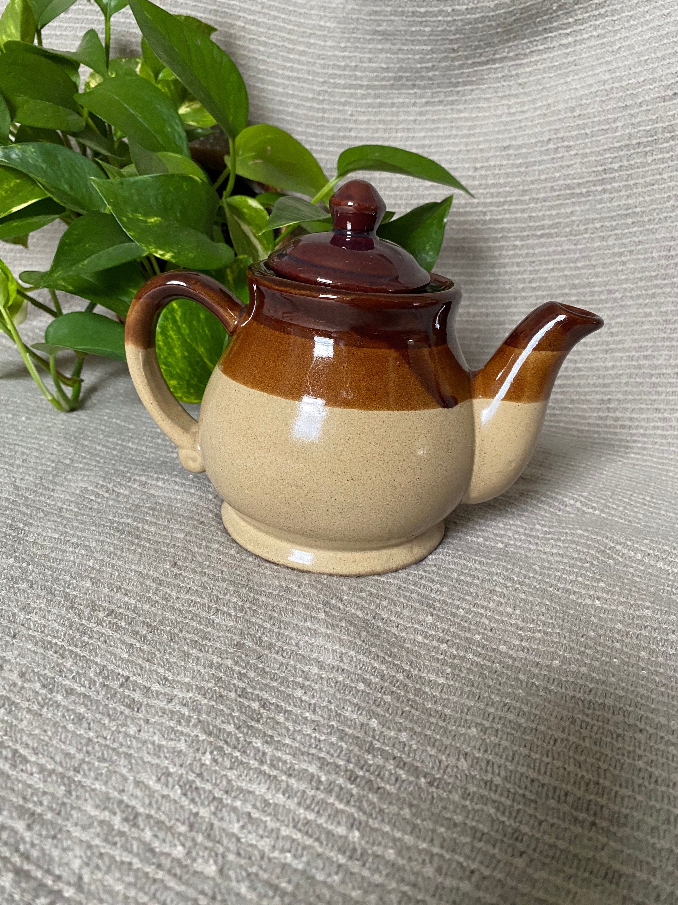 Midcentury Vintage Ceramic Teapot Brown Two Glazed Pottery Etsy