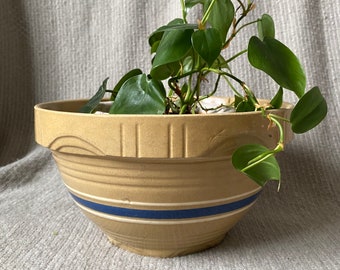 Vintage | Ovenware 9 yellow mixing bowl | blue and white stripe Crock Bowl | Stoneware | earthenware