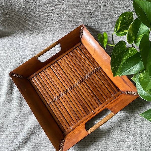 Wood Bamboo Square Tray | with handles | Serving tray | 12" | Vintage