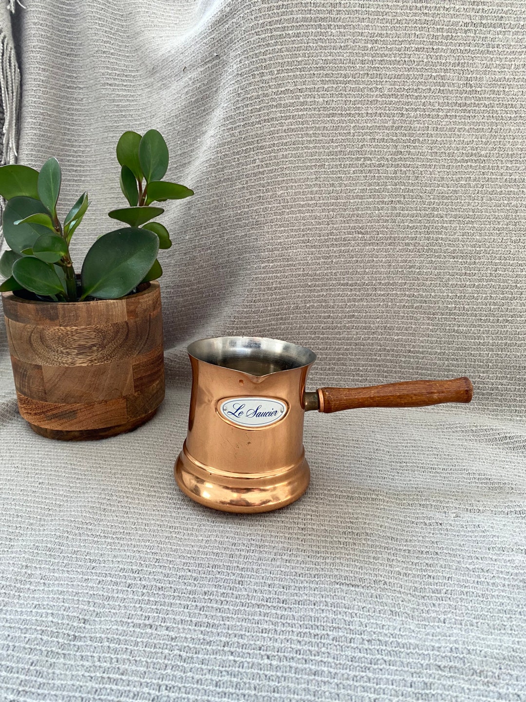 Copper Le Saucier With Wooden Handle Butter Sauce Warmer Etsy