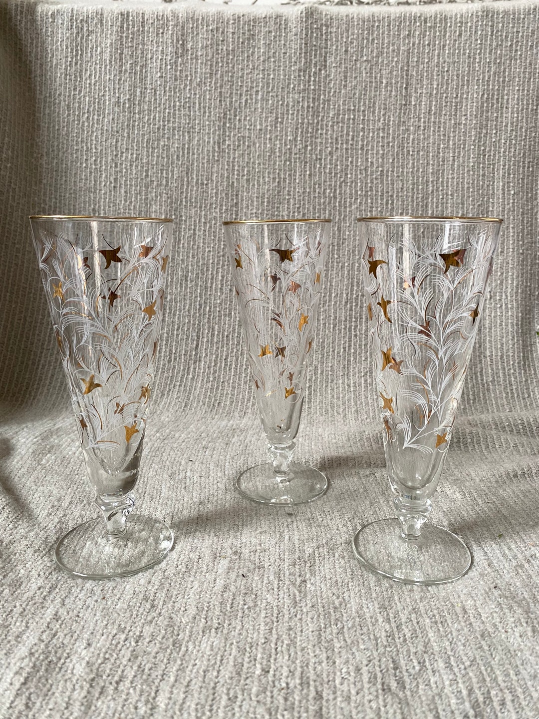 Libbey Royal Fern Stemware Clear Fluted Glasses Pilsner Barware Gold