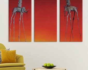 Elephant Wall Art Set, Dali-Inspired Canvas Prints, 5 Panel Modern Home Decor, Elephant Picture Office Decoration, Room Art Panels