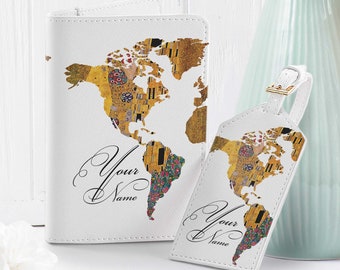 Gustav Klimt Passport Holder World Map Luggage Tag Travel Set Passport Cover Monogram Bag Tag The Kiss Wallet Best Wedding Gift CHA4275