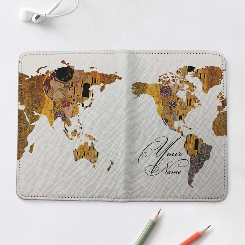 Gustav Klimt Passport Holder World Map Luggage Tag Travel Set Passport Cover Monogram Bag Tag The Kiss Wallet Best Wedding Gift CHA4275