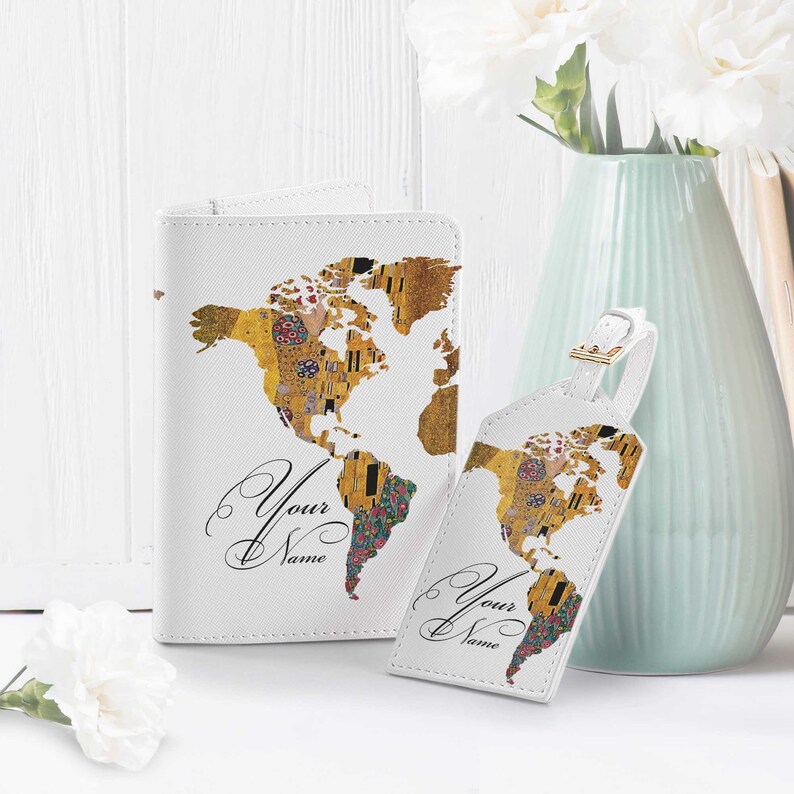 Gustav Klimt Passport Holder World Map Luggage Tag Travel Set Passport Cover Monogram Bag Tag The Kiss Wallet Best Wedding Gift CHA4275