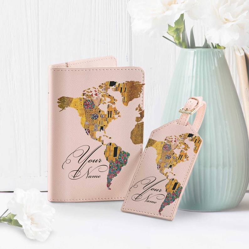 Gustav Klimt Passport Holder World Map Luggage Tag Travel Set Passport Cover Monogram Bag Tag The Kiss Wallet Best Wedding Gift CHA4275