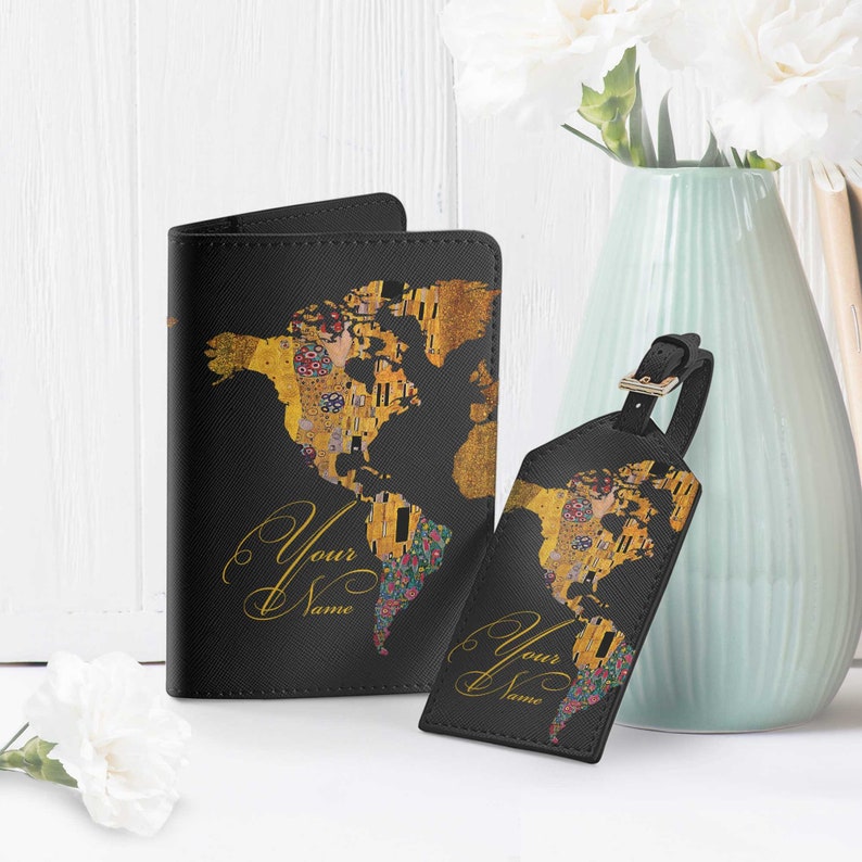 Gustav Klimt Passport Holder World Map Luggage Tag Travel Set Passport Cover Monogram Bag Tag The Kiss Wallet Best Wedding Gift CHA4275