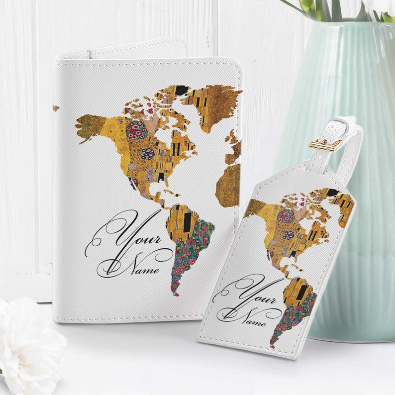Gustav Klimt Passport Holder World Map Luggage Tag Travel Set Passport Cover Monogram Bag Tag The Kiss Wallet Best Wedding Gift CHA4275