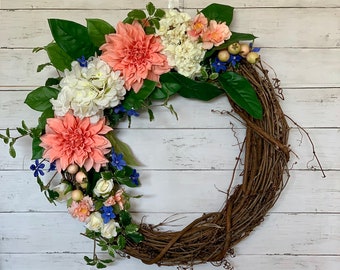 Peach Dahlia Floral Wreath - Spring Summer Front Door Wreath