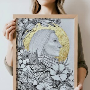 Eve Portrait Giclée Print: Mother Nature Pen and Ink Art with Gold Leaf