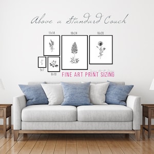 May include: A white couch with blue pillows in front of a white wall with black framed prints of floral illustrations. The prints are labeled with their dimensions in inches: 5x7, 8x10, 11x14, 18x24, and 16x20. The text "Above a Standard Couch" and "Fine Art Print Sizing" are also visible on the wall.