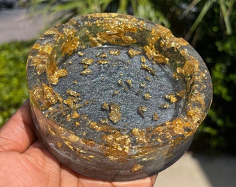 Gunmetal and Gold Leaf Round Large Resin Ashtray