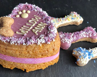 Fluffy Cake for Pups Birthdays with 3 Decorated Biscuit Bones