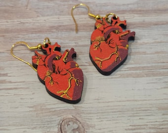 Anatomically correct heart wooden dangle earrings- valentine