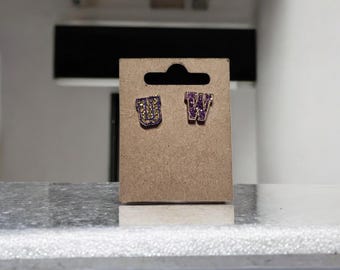 University of Washington Acrylic Stud Earrings - Purple & Gold Glitter