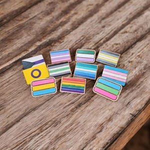 May include: A collection of small, rectangular pins with various LGBTQ+ pride flag designs. The pins feature a range of colors, including rainbow, pink, blue, and yellow, set against a wooden background. Each pin has a gold border.