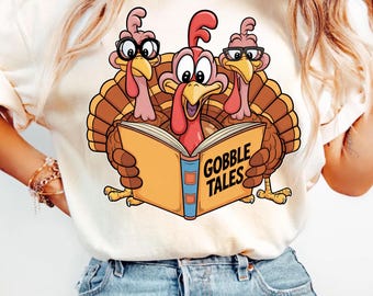 Funny Turkey Reading Book PNG: Teacher Thanksgiving T-Shirt Design (Digital Download), Friendsgiving Farm Bird