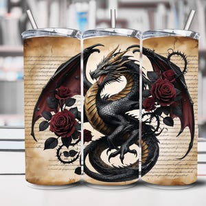 Dragon Book Roses Tumbler Wrap PNG, Romantasy Reader Floral Dragon 20oz Skinny Tumbler Sublimation Design, Dark Fantasy Booktok Digital Art