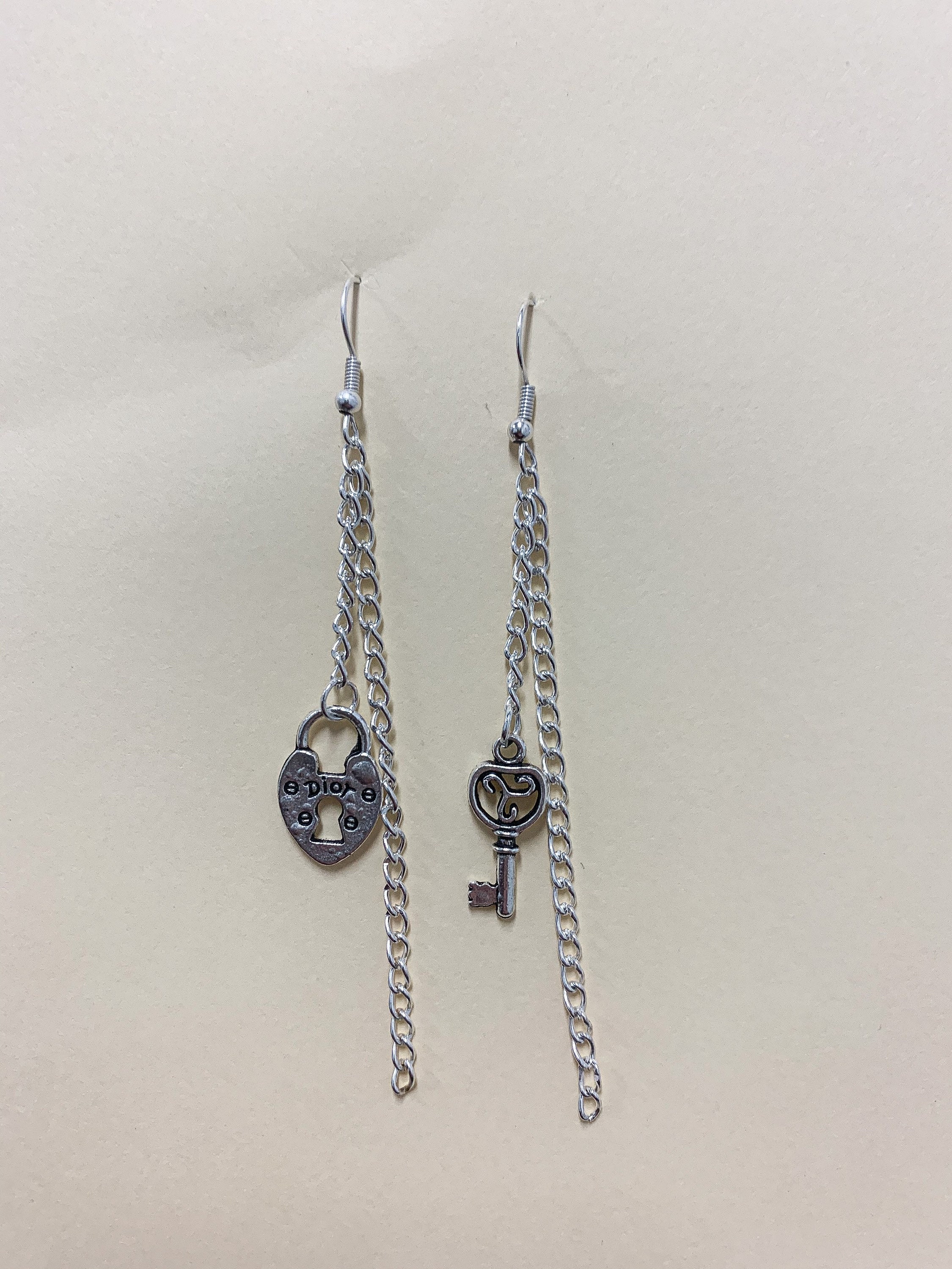 Lock and key double chain sterling silver earrings Etsy