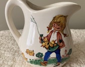 Vintage McCoy Happy Time Pottery Pitcher Girl Duck Chicks Cute Small USA Mark