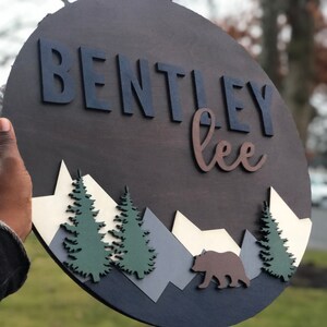 Round Nursery Name Sign, Custom Wall Art, Personalized sign, Above crib, Baby Shower gift, Forest Theme, Mountain Theme