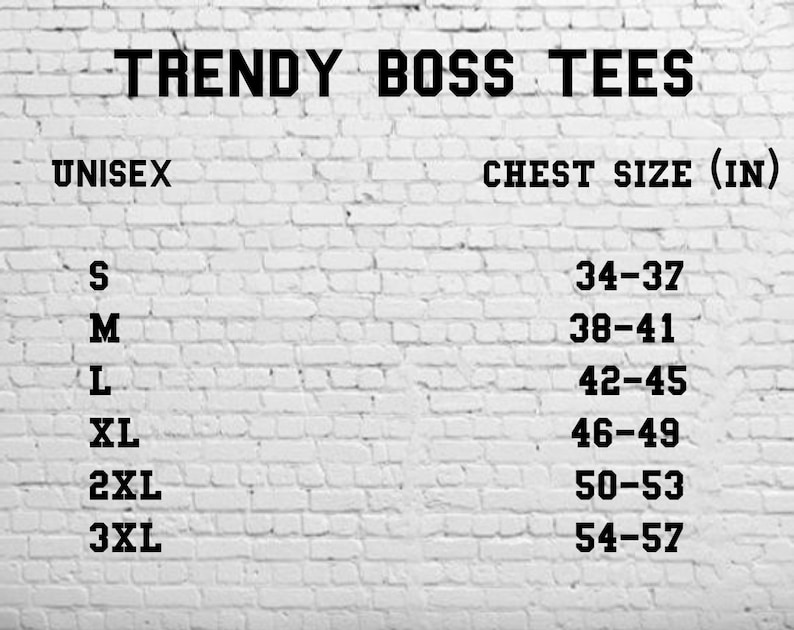 K&ouml;nnte beinhalten: Gr&ouml;&szlig;entabelle f&uuml;r Unisex-T-Shirts mit Brustgr&ouml;&szlig;en in Zoll. Die Gr&ouml;&szlig;en umfassen S, M, L, XL, 2XL und 3XL.