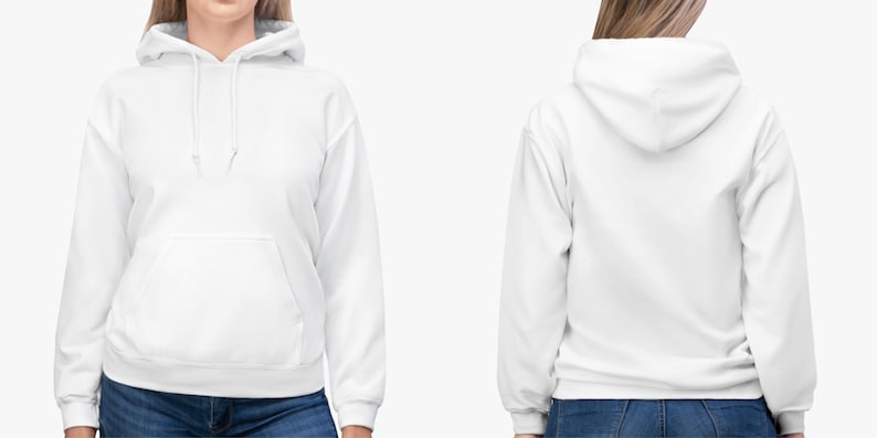 K&ouml;nnte beinhalten: Ein wei&szlig;er Kapuzenpullover mit einer K&auml;ngurutasche auf der Vorderseite. Der Pullover ist von vorne und hinten zu sehen.